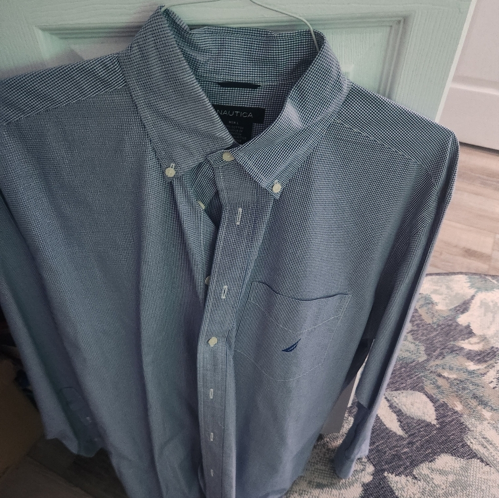 Nautica Men's Navy Checkered Button-Down Shirt Vintage Mens L